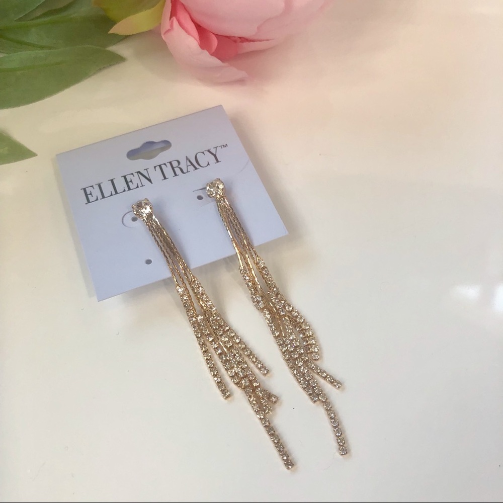 Ellen Tracy Gold & Rhinestone Strand Earrings - Picture 4 of 5
